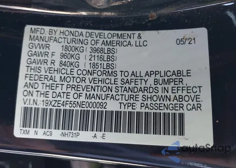 2022 Honda Insight Ex from USA, damaged, VIN 19XZE4F55NE000092
